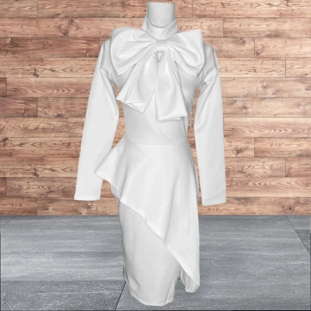 White Large Bow Detail Women's Sz Small Peplum Waist Bodycon Pencil Sheath Dress